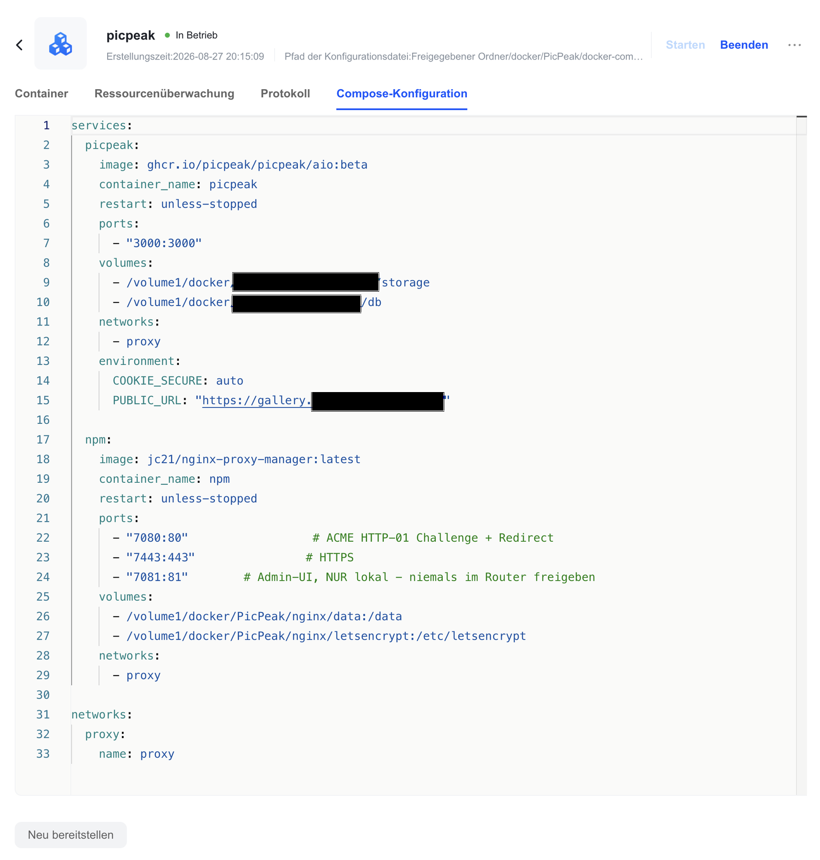 The deployed picpeak project in the UGREEN Docker app showing its Compose configuration