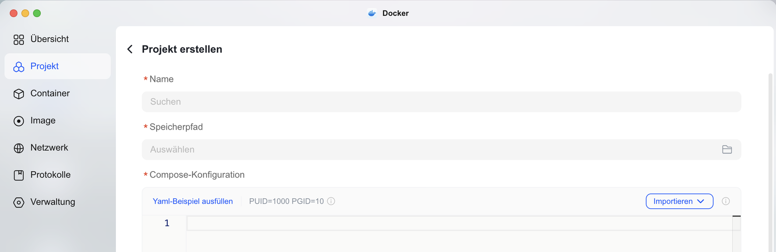 UGREEN Docker app, Projekt erstellen form with name, storage path and Compose configuration