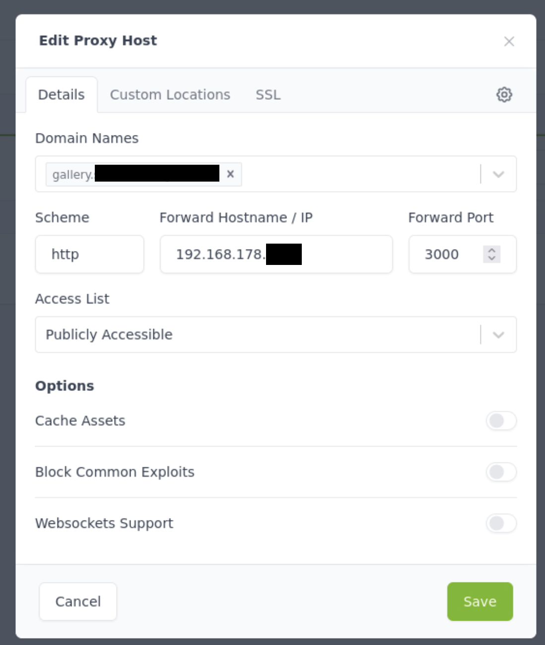 Nginx Proxy Manager proxy host details, forwarding the domain to PicPeak on port 3000