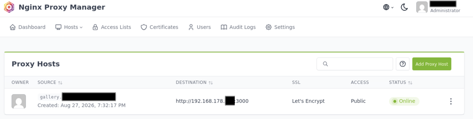 Nginx Proxy Manager proxy host list showing the gallery domain online with a Let's Encrypt certificate