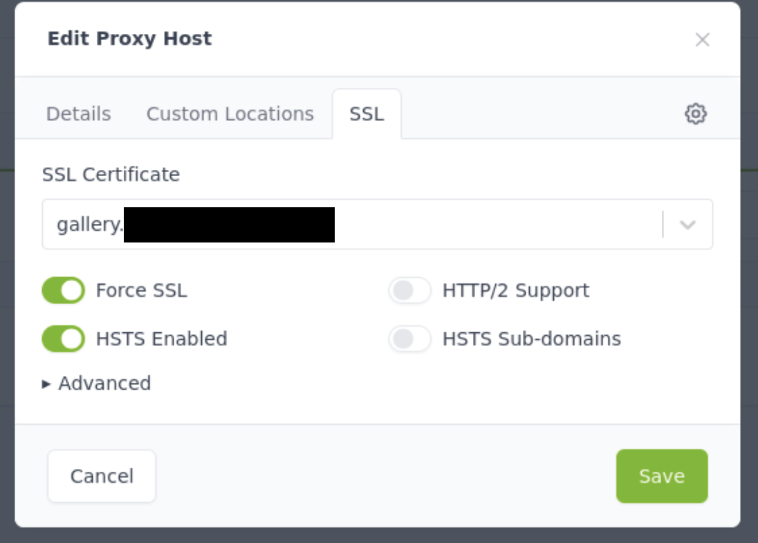 Nginx Proxy Manager SSL tab with Force SSL and HSTS enabled
